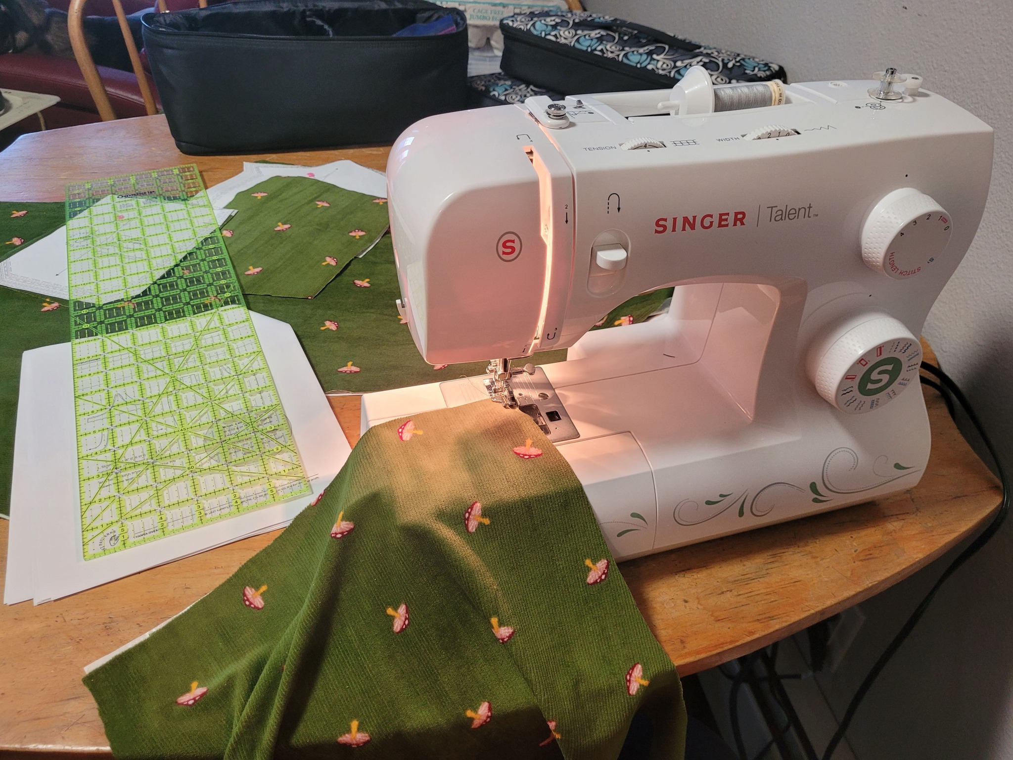 A sewing machine on a table.